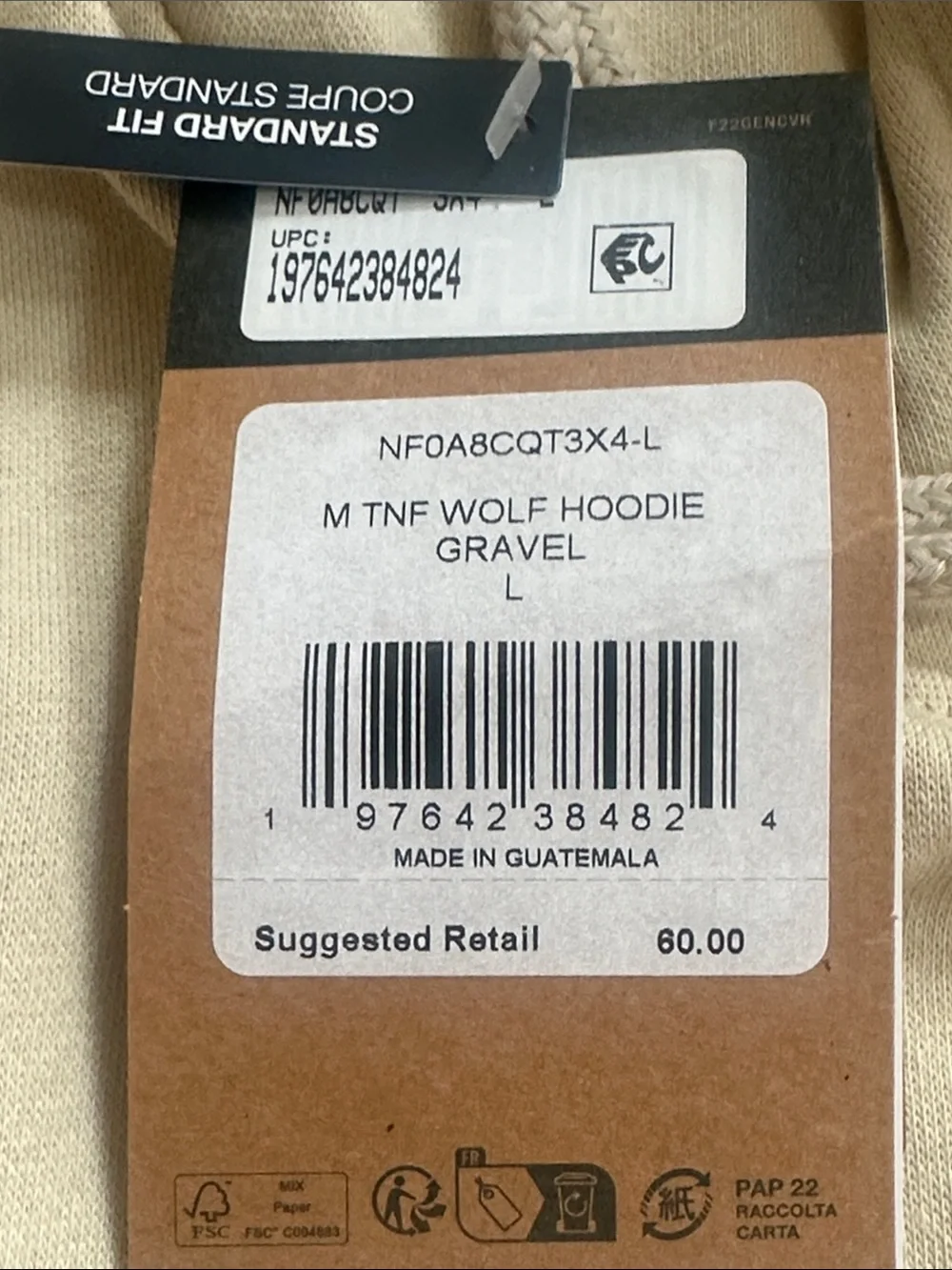 The North Face Men’s Large Wolf Standard Fit Printed Gravel Colored Hoodie. NWTs